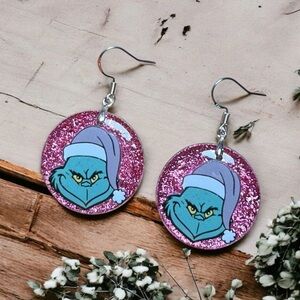 Pink & Mint Glitter Grinch Earrings sterling silver hooks new
